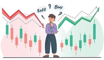 lucha de tendencia alcista y bajista, un hombre es reflexivo, vende o compra criptomonedas. velas y flechas japonesas, precios al alza y a la baja, ilustración del mercado de valores. banner de vector de bolsa de valores