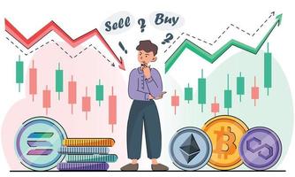 struggle of bullish and bearish trend, a man is thoughtful, sell or buy cryptocurrency. japanese candles, coins and arrows, rising and falling prices, stock market. flat vector stock exchange banner