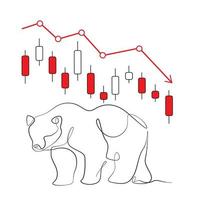 down arrow on the cryptocurrency market. bear silhouette continuous one line art. crypto downtrend. japanese candles and bear symbol. vector isolated on white