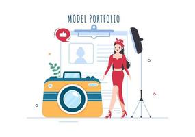 plantilla de cartera modelo ilustración plana de dibujos animados dibujados a mano con el gerente de la agencia de modelos y el fotógrafo toman fotos del modelo en el diseño de la plataforma vector