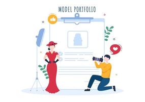 plantilla de cartera modelo ilustración plana de dibujos animados dibujados a mano con el gerente de la agencia de modelos y el fotógrafo toman fotos del modelo en el diseño de la plataforma vector