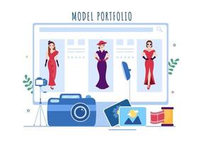 Model Portfolio Template Hand Drawn Cartoon Flat Illustration with Modeling Agency Manager and Photographer take Photos of Model in Platform Design vector