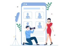 Model Portfolio Template Hand Drawn Cartoon Flat Illustration with Modeling Agency Manager and Photographer take Photos of Model in Platform Design vector