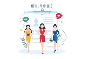 plantilla de cartera modelo ilustración plana de dibujos animados dibujados a mano con el gerente de la agencia de modelos y el fotógrafo toman fotos del modelo en el diseño de la plataforma vector