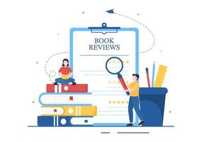 Book Review Template Hand Drawn Cartoon Flat Illustration with Reader Feedback for Analysis, Rating, Satisfaction and Comments About Publications