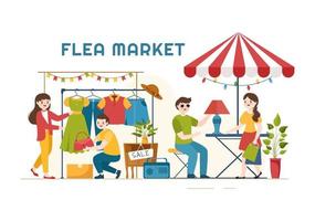 Flea Market Template Hand Drawn Cartoon Flat Illustration Second Hand Shop with Shoppers, Swap Meet, Sellers and Customers at Weekend vector
