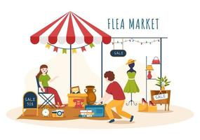 Flea Market Template Hand Drawn Cartoon Flat Illustration Second Hand Shop with Shoppers, Swap Meet, Sellers and Customers at Weekend vector