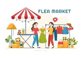 plantilla de mercado de pulgas dibujado a mano dibujos animados ilustración plana tienda de segunda mano con compradores, reuniones de intercambio, vendedores y clientes el fin de semana vector