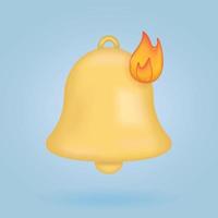 3d notification bell icon isolated on. 3d render yellow ringing bell with new notification for social media reminder. Fire, deadline. Realistic vector icon