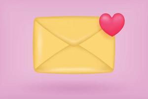 3d vector icon closed envelope letter, mail letter with pink heart. Realistic Elements for romantic design. Isolated object on pink background