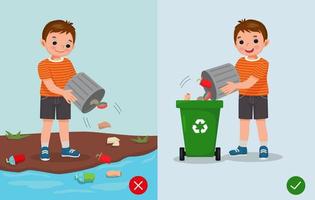 no tirar basura ilustración chico comportamiento correcto e incorrecto tirar basura en el basurero y en el río vector