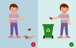 no tirar basura ilustración chico comportamiento correcto e incorrecto tirar basura en el basurero y en el suelo vector