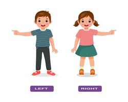 Opposite adjective antonym left and right words illustration of kids pointing fingers explanation flashcard with text label vector