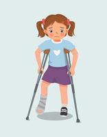 cute little girl has broken fracture leg with bandage cast on leg walking using crutches vector