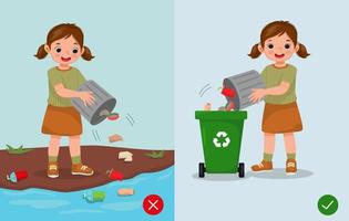 no tirar basura ilustración niña comportamiento correcto e incorrecto arrojar basura en el basurero y en el río vector