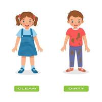 adjetivo opuesto antónimo palabras limpias y sucias ilustración de la tarjeta de explicación de ropa para niños con etiqueta de texto vector