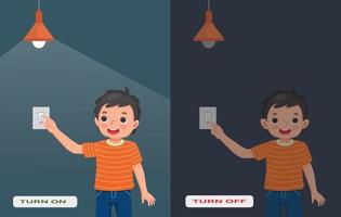 Opposite adjective antonym words turn on and turn off illustration of little boy switch on and off the light explanation flashcard with text label vector