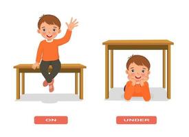 preposición de lugar ilustración niño pequeño sentado sobre y debajo de la mesa palabras de vocabulario en inglés juego de tarjetas para educación vector