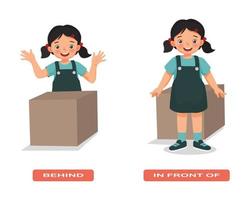 Preposition of place illustration little girl standing behind and in front of the box English vocabulary words flashcard set for education vector