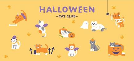 colección de lindos gatos en disfraces de halloween. ilustración vectorial de estilo de diseño plano. vector