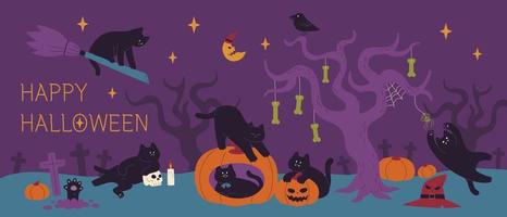 Halloween poster. Black cats are playing around a bizarre tree in the dark night. vector