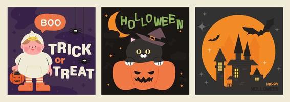 tarjeta de halloween un niño con una canasta de dulces, un gato con un sombrero de bruja y un castillo de vampiros.