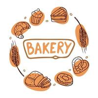 cartel de panadería con productos de panadería. contorno garabatos pastel set vector ilustración. letras dibujadas a mano para logotipo, pancarta, publicidad y letrero. diseño para panadería, cafetería