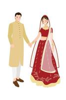 hermosa pareja india novia y novio en vestido de boda tradicional sari vector