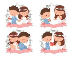 linda pareja de novios en corona de flores de estilo plano para el día de san valentín o colección de tarjetas de boda eps10 ilustración de vectores