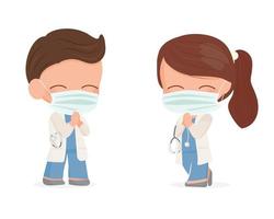 cute young doctors couple with face mask do Thai wai for social distancing on corona virus safety vector