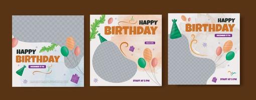 cute happy birthday social media post with ballons watercolor vector