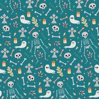 White skeleton and ghosts on green vector seamless pattern. Halloween background for decoration