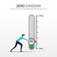 Zero emission concept. A Man turning gauge arrow pointer to lowest level of CO2. New energy to decarbonize industry, energy and transportation vector