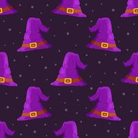 Vector illustration of a pattern of purple witch hats against a background of stars.