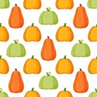 Vector illustration of a pattern of pumpkins of different sizes and colors. Wrapping paper for the fall holiday.