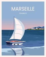 francia marsella con fondo de paisaje de barco marinero. ilustración de vector de dibujos animados plana con estilo de color.