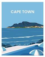 día de verano en ciudad del cabo con vistas al mar y la montaña. ilustración de vector de paisaje con estilo minimalista para cartel de viaje, postal.