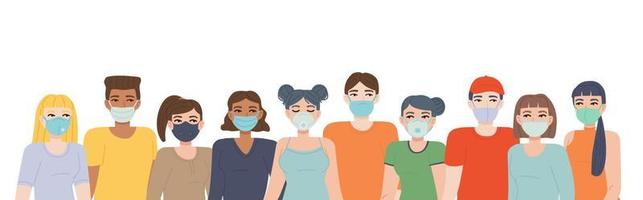 Crowd in face mask. Set of different face mask types. Pandemic covid-19, quarantine, health, respiratory protection concept vector