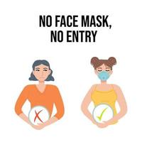 No face mask, no entry banner clipart. Girl with mask, check mark and cross. Quarantine covid-19, health, pandemic, safety, store sign concept. Can be used for web, signboard, poster vector