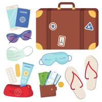 Set of travel essential objects. Passenger luggage, holiday journey, tourism and travel, planning vacation during covid social distance concept. Stock vector illustration isolated on white background