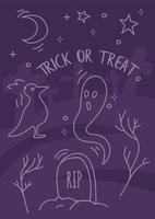 Halloween creepy poster with cemetry, ghost and raven. Spooky moon night scenery background with tombstone. Trick or treat hand drawn fall elements. Stock vector illustration in outline style.