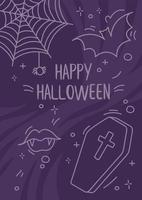 Dark purple happy Halloween flyer. Spooky doodle elements such as coffin, bat, vampire fangs. Can be used as invitation or greeting card. Stock vector illustration in sketch outline style.