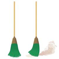 Cartoon plastic broom set. A broom sweeps dust and dirt. Household, cleaning services, housewives,concept. Equipment, tools for cleaning the element isolated on white background. Vector illustration.