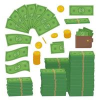 Money set. Dollars and coins as heap, stack. Can be used as succes, economy, finance, cash concept. Stock vector illustration isolated on white background