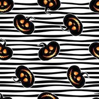 Monochrome seamless pattern of haloween pumpkins. Pumpkins with burning eyes on a striped background. vector