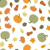 Seamless pattern with colorful pumpkins and forest leaves. Isolated on white background. Design for wallpapers. vector