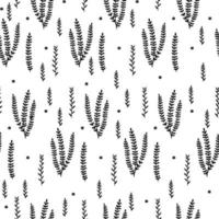 Hand drawn small leaves vector seamless pattern. Tiny vector black branches, twigs with leaves. Black texture with foliage.