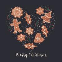 Postcard with gingerbread cookies and the inscription Merry Christmas. Vector graphics.