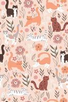 Seamless pattern with cute cats and flowers. Vector graphics.