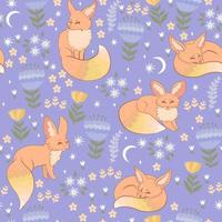 Spring foxes and flora seamless pattern. Vector graphics.